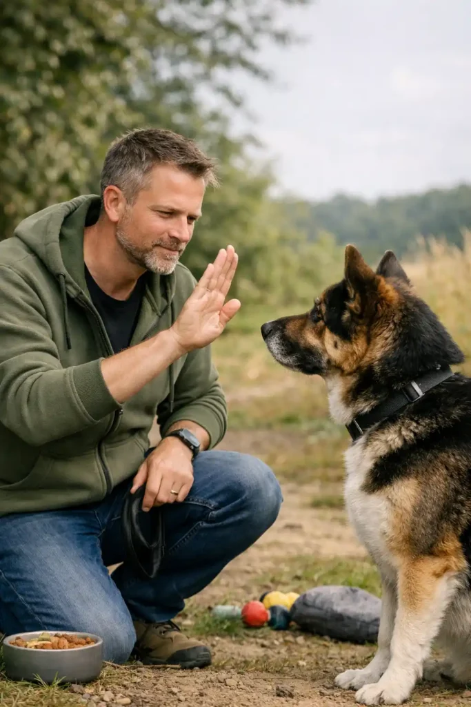 Menschen üben mit Hunden Kommunikation auf einem Trainingsplatz.